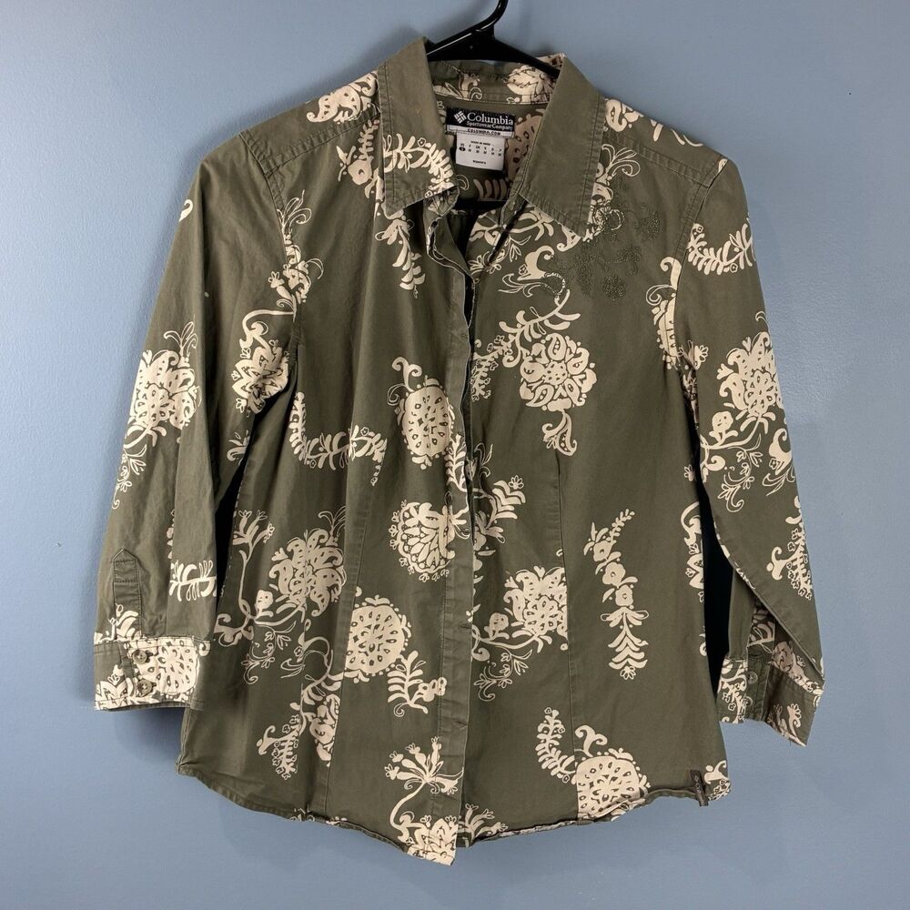 Columbia Women’s Green Floral Cotton 3/4 Sleeve Cotton Shirt Size Small